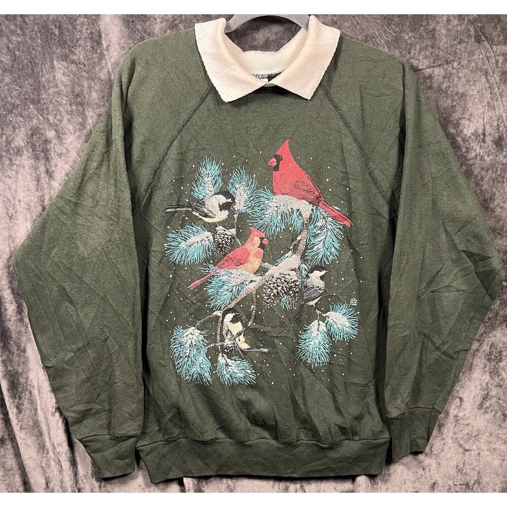 Vintage Tultex Cardinal Graphic Crewneck Green Medium Winter Christmas USA